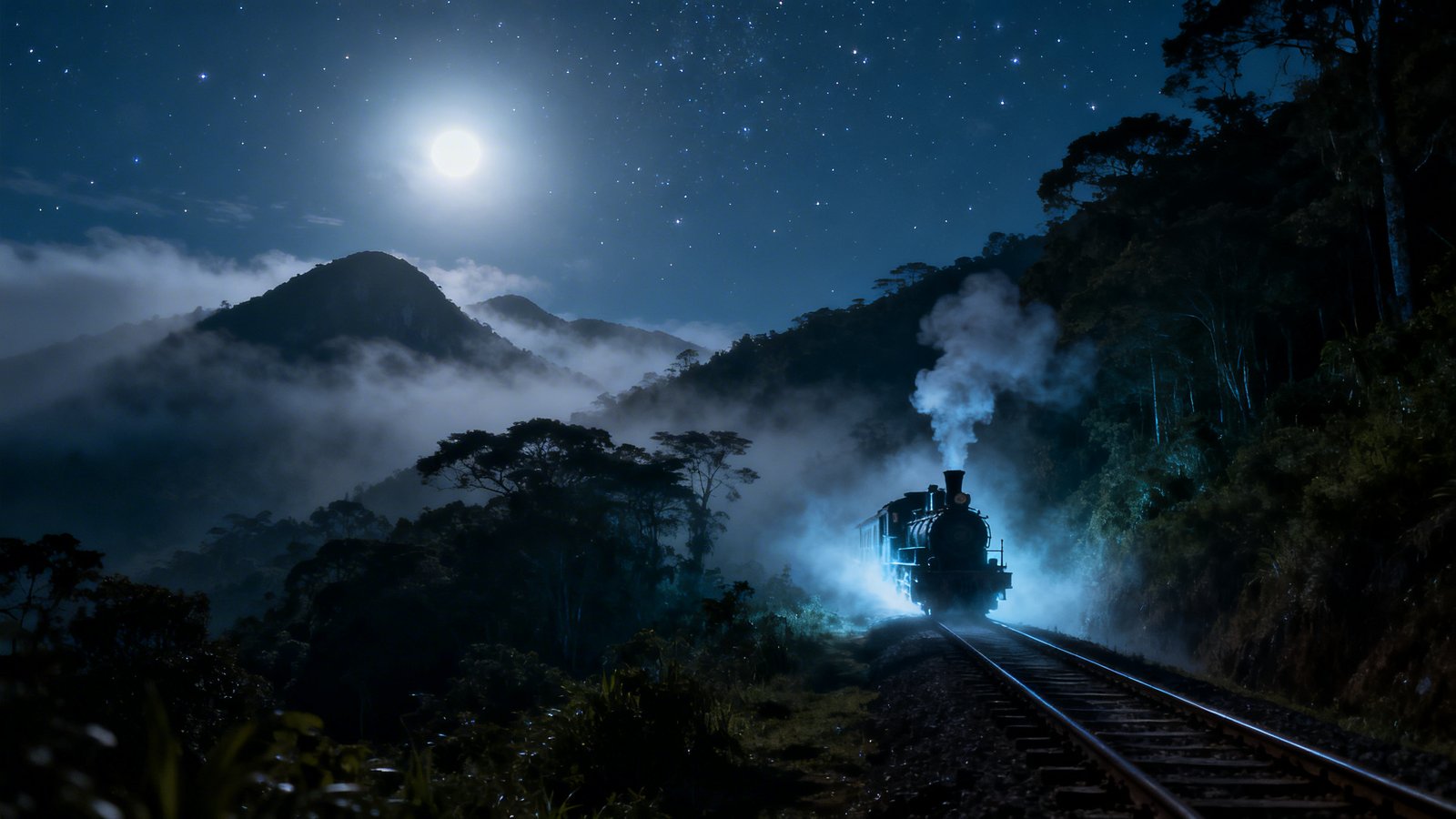 Trem Fantasma da Serra da Mantiqueira em noite de lua cheia.