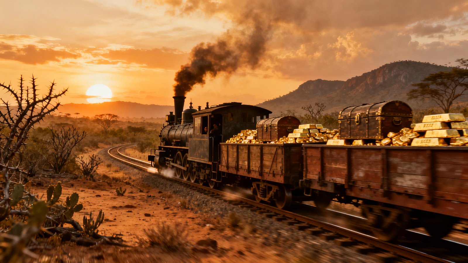 Trem do Diabo com ouro robado rasgando a paisagem no amanhecer