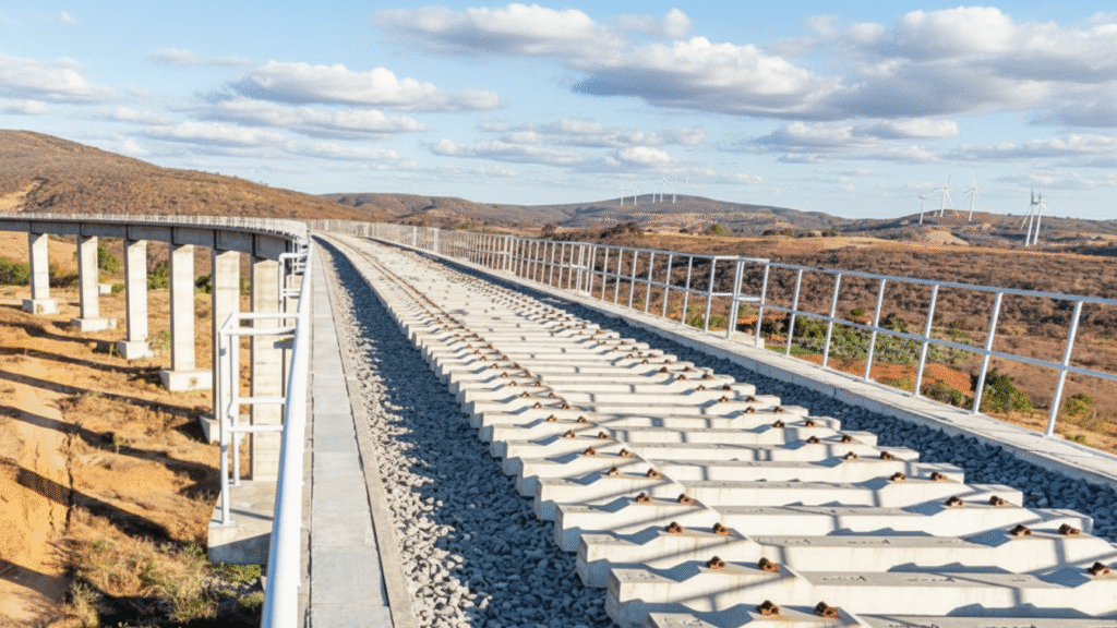 Dormentes assentados no viaduto da Ferrovia FIOL