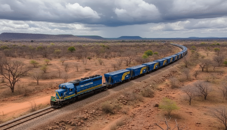 Trem de grãos da Ferrovia Transnordestina cortando a caatinga.