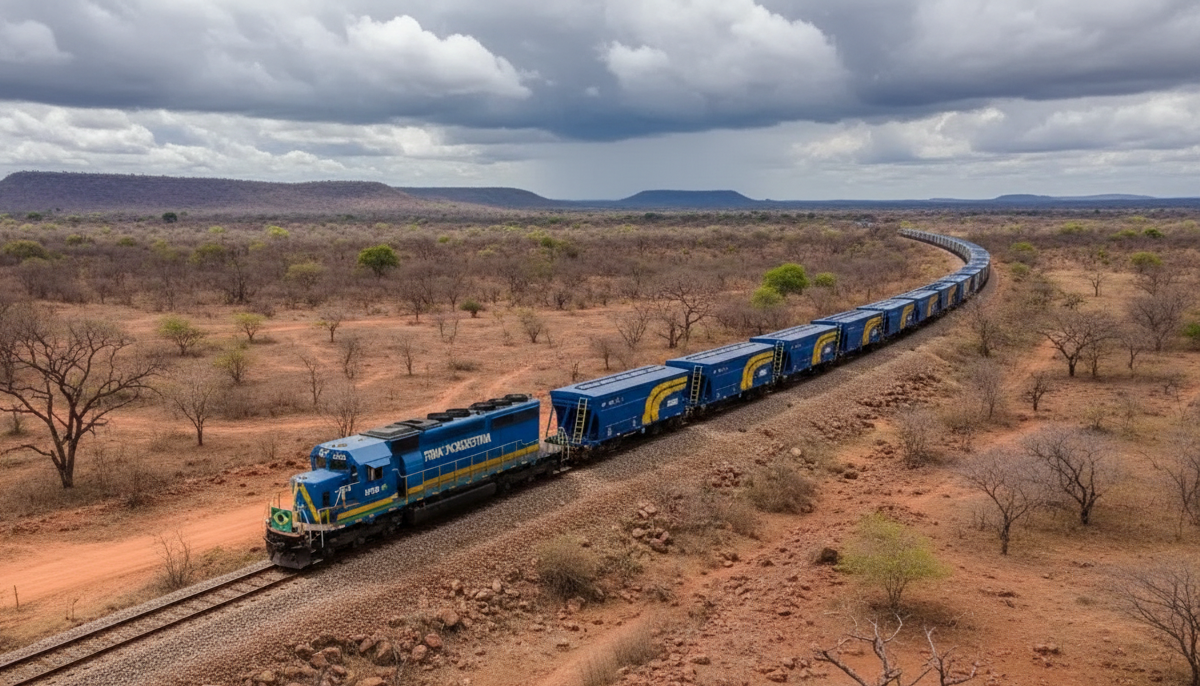Trem de grãos da Ferrovia Transnordestina cortando a caatinga.