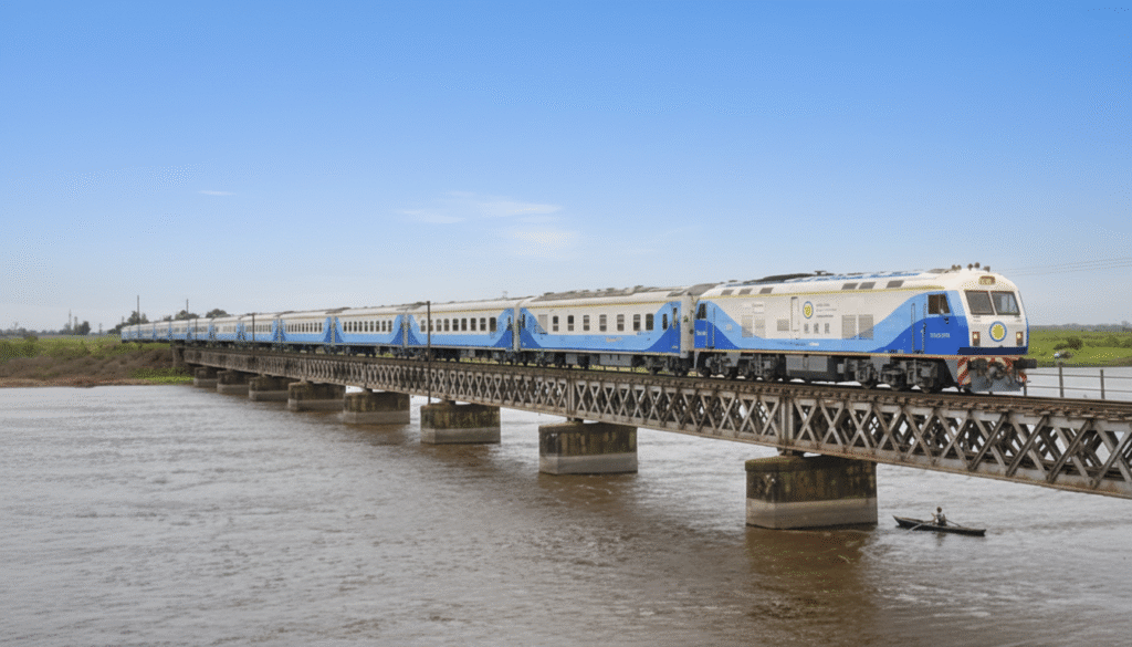 Trem de Buenos Aires a Mar del Plata cruza rio na província de Buenos Aires: viagem nostálgica em trens modernos.