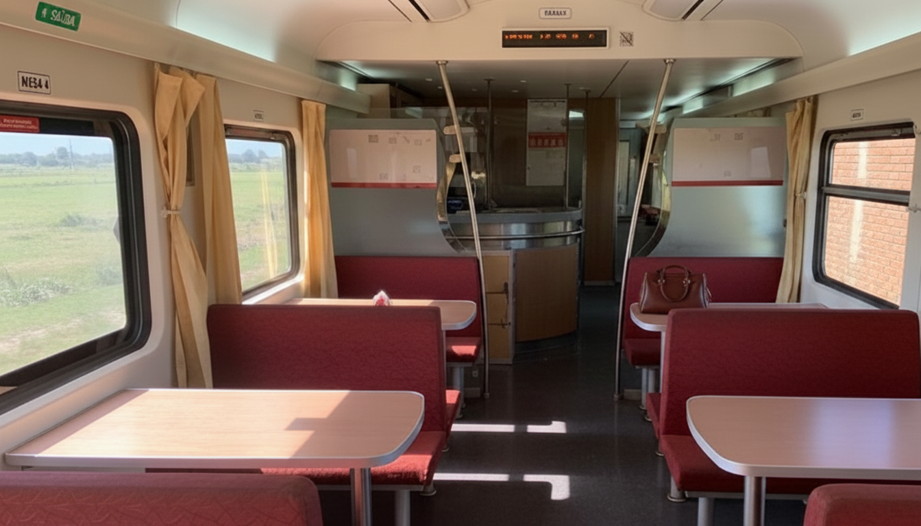 Interior de um vagão restaurante da Trenes Argentinos, que você encontrará no trem de Buenos Aires a Mar del Plata.