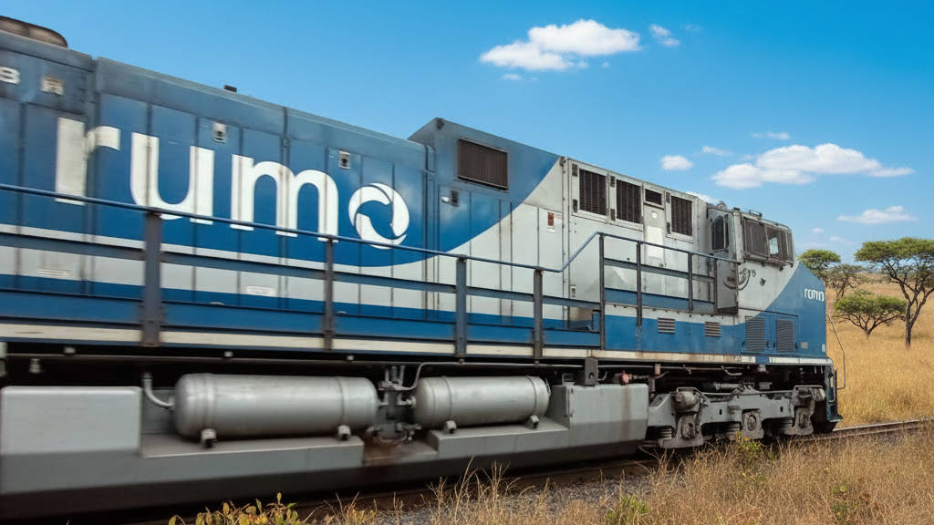 Locomotiva da Rumo corta o cerrado matogrossense.