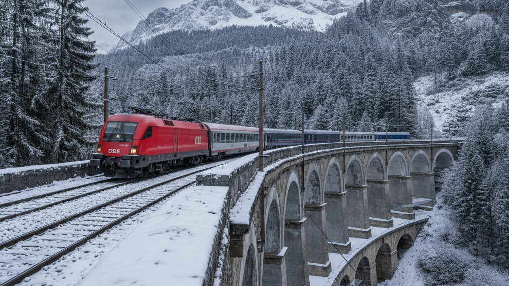 Trem austríaco atravessando os alpes: paisagens exclusivas para quem vai de trem.