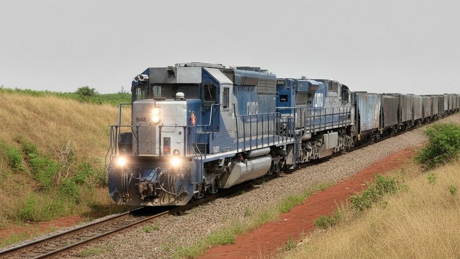 Trem graneleiro correndo em ferrovia no Paraná: Malha Sul deve ir a leilão em 2027