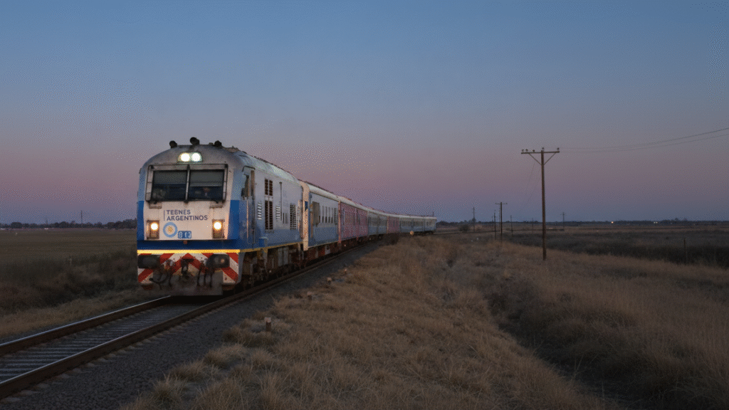Trem de Buenos Aires a Mar del Plata no anoitecer.
