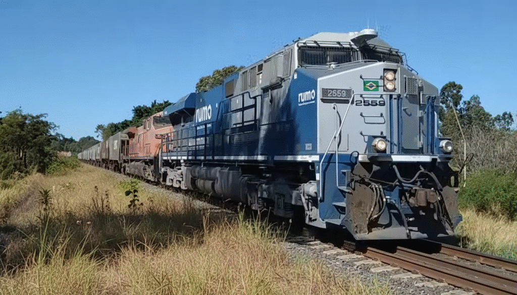 Trem graneleiro da Rumo Logística viajando pela Malha Paulista.
