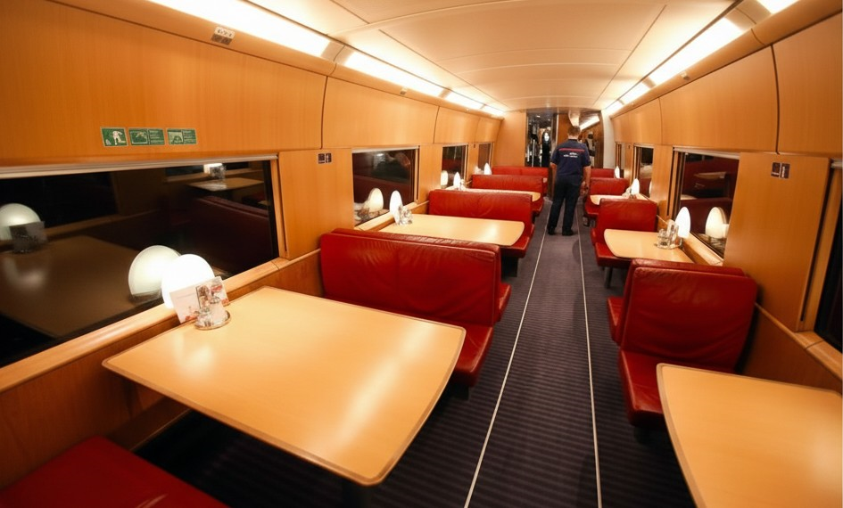 Vagão restaurante no trem ICE: refeições completas, café e até vinho no cardápio. 