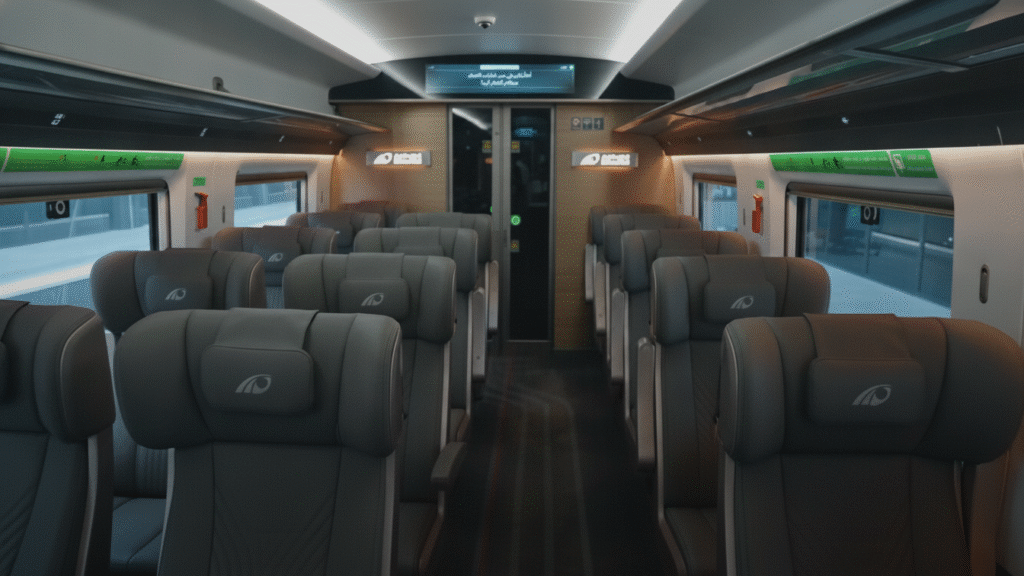 Interior do vagão Premium Class do novo trem da Etihad Rail nos Emirados Árabes: conforto e sofisticação sobre trilhos.
