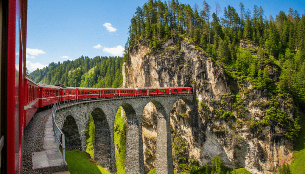 Bernina Express cruza o viaduto Landwasser num dos pontos mais altos da viagem entre Tirano, na Itália, e Chur, na Suíça