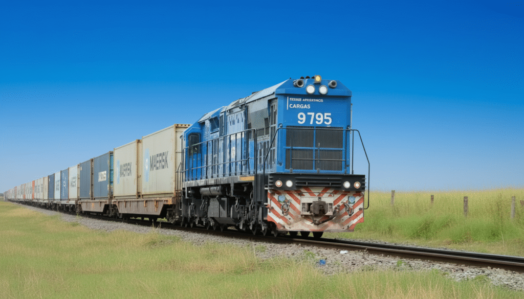 Privatização da Belgrano Cargas na Argentina: trem da Belgrano Cargas levando conteineres corta o interior da província de Santa Fé.