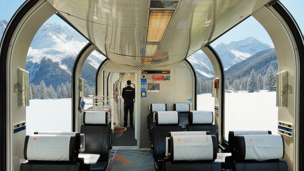 O interior do vagão de primeira classe no Bernina Express: conforto e visão ampla que valem a passagem