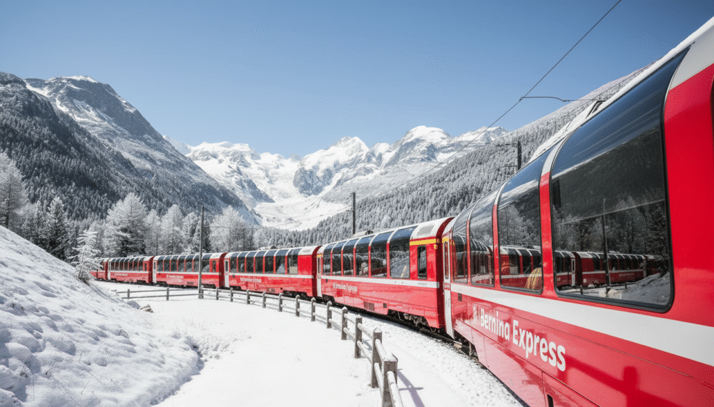 A viagem no trem panorâmico Bernina Express entre a Suíça e a Itália no inverno oferece paisagens de tirar o fôlego. 