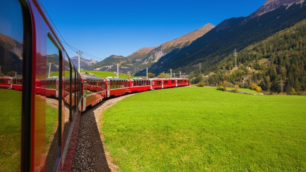 Trem panorâmico Bernina Express serpenteando os campos nos Alpes Suiços