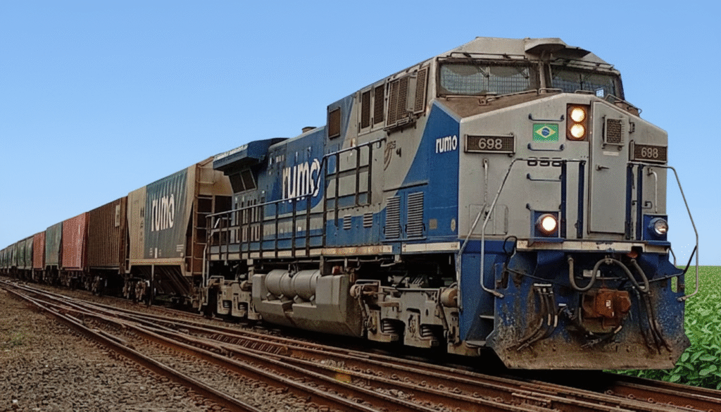 Locomotiva da Rumo Logística levando trem graneleiro: controle da empresa deve mudar de mãos depois da venda.