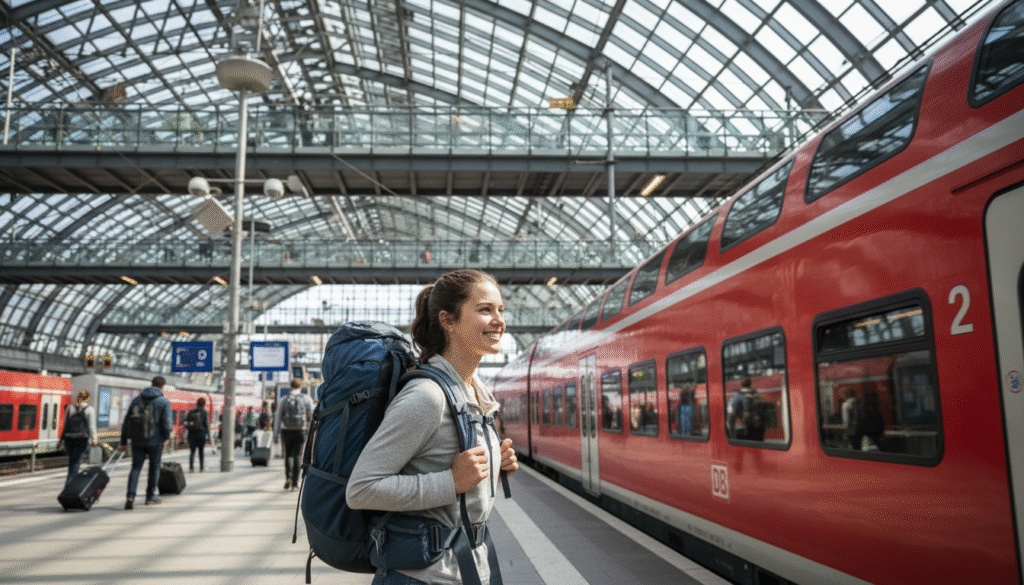 Viajante aguarda trem da Duetsche Bahn para embarcar: bilhetes de trem na Europa são mais baratos se comprados com antecedência.